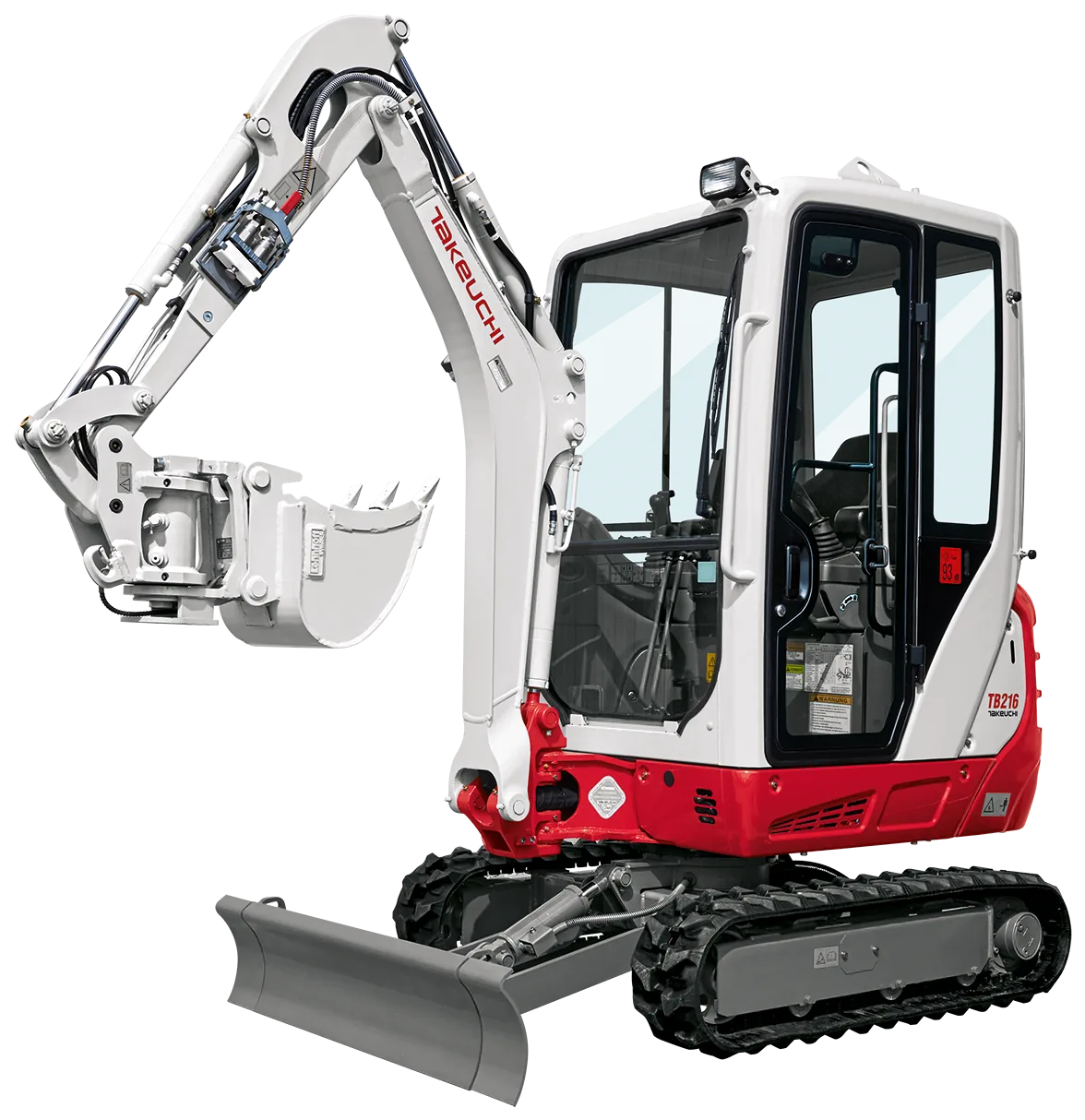 Freigestellter Takeuchi Bagger mit angehobenem Baggerarm