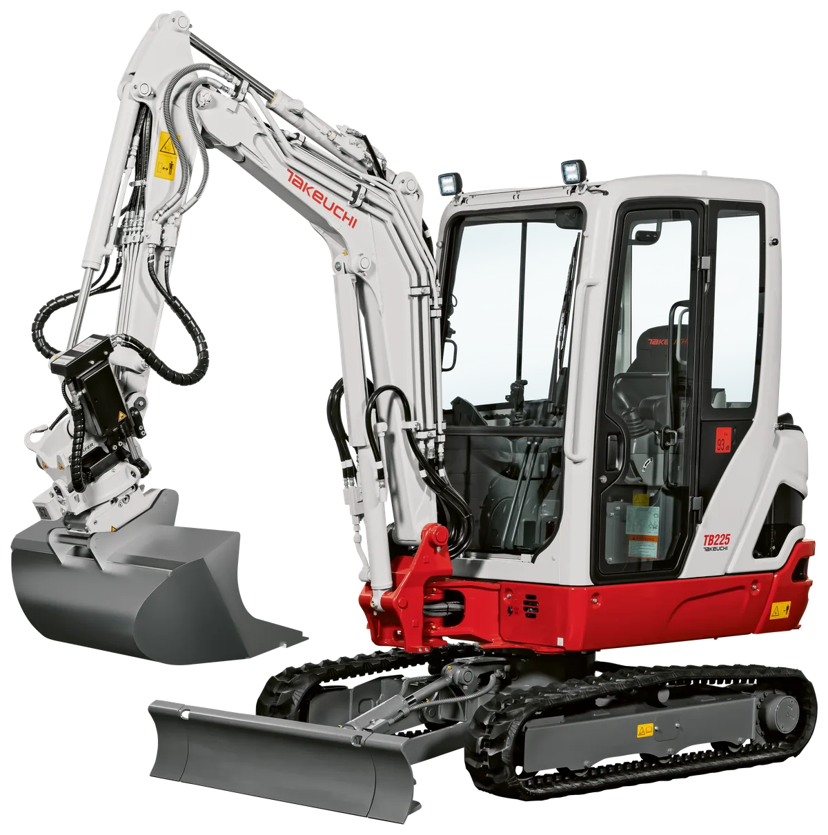 Freigestellter Takeuchi Kompaktbagger TB 225 mit angehobenem Baggerarm